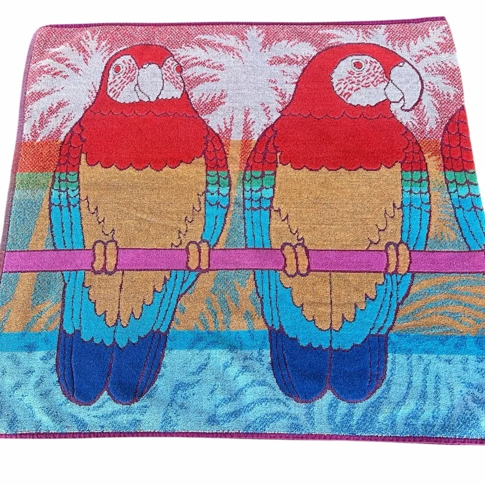 VTG Perched Parrots Palm Trees Retro Beach Towel Bright Colorful 26x55 NICE!